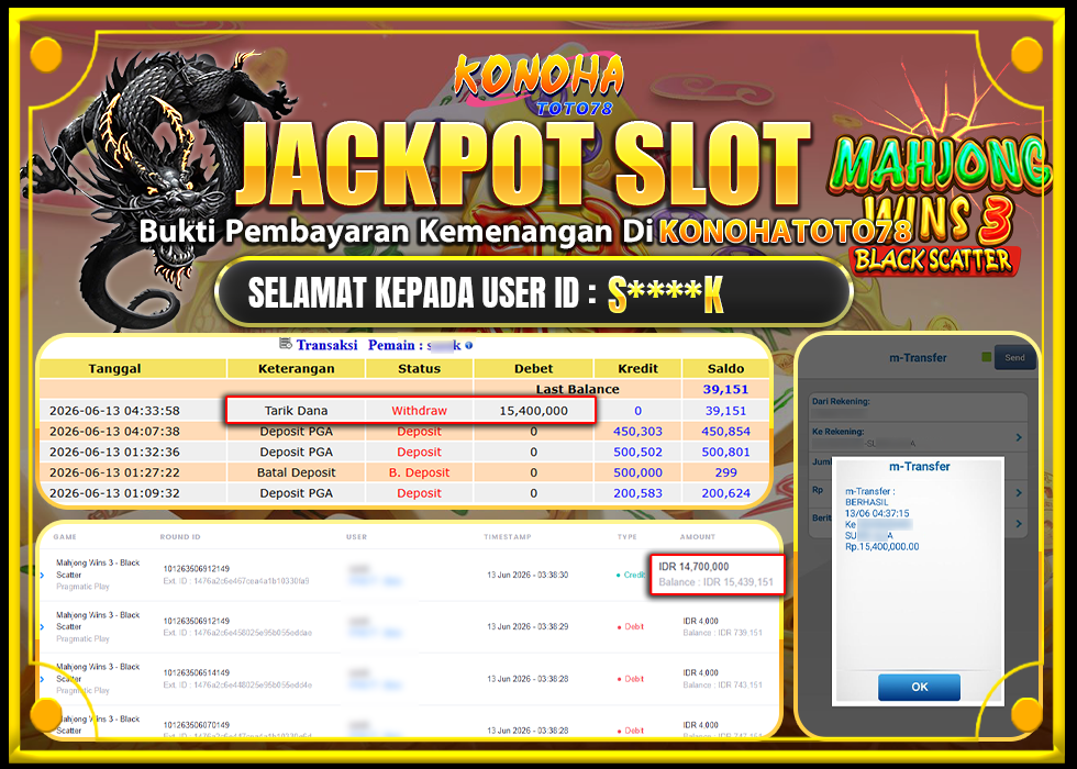 KONOHATOTO78 JACKPOT MAHJONG WINS 2 Rp.Rp.15.400.000,- LUNAS